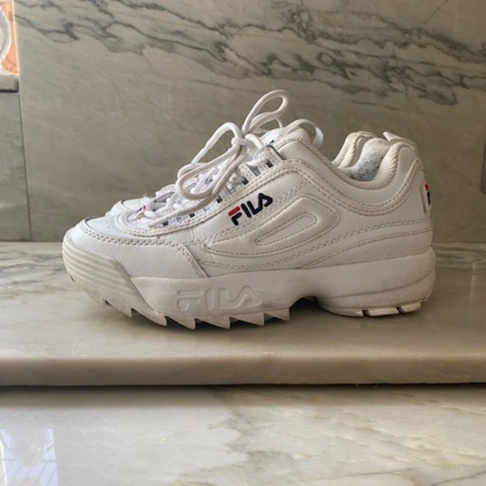 Fila White Disruptors 2 Sneakers with Navy and Red Accents